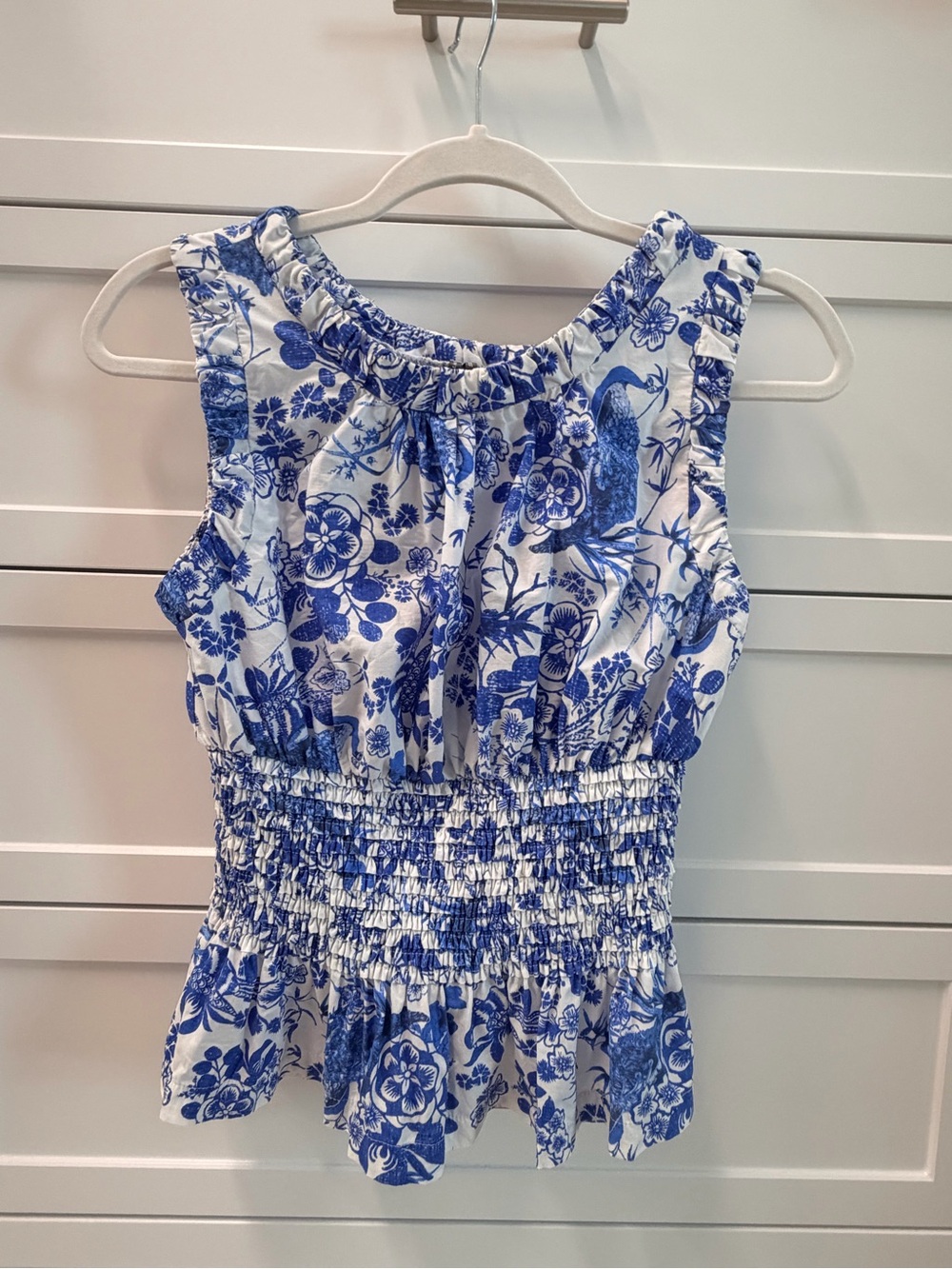 Anthropologie Blue & White Floral Smocked Peplum Tank